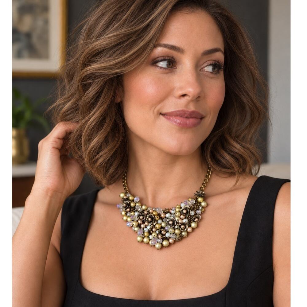Floral Cluster Bib Statement Necklace with Pearl-Like Beads